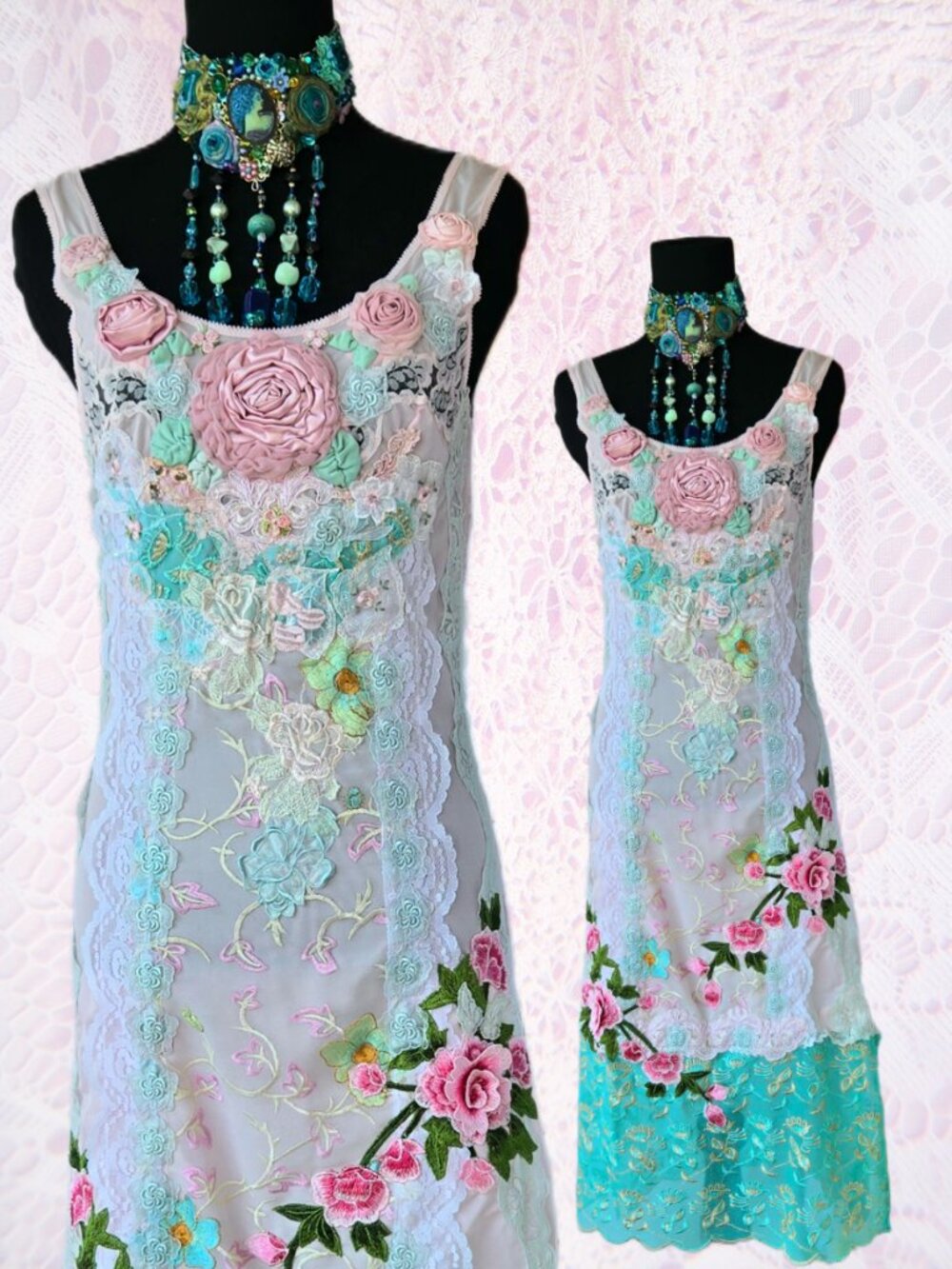 Handmade OOAK Pink Slip Dress - Feminine Vintage Lace & Embroidered Design XS/S